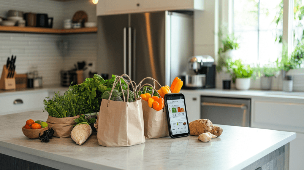 A modern kitchen with a tidy countertop, reusable grocery bags filled with fresh produce, a smartphone displaying a meal planning app with a checked-off grocery list, a compost bin for food scraps, and a clean, organized refrigerator in the background. The scene symbolizes mindful shopping, reducing impulse purchases, and minimizing food waste, with bright and natural lighting creating an inviting atmosphere